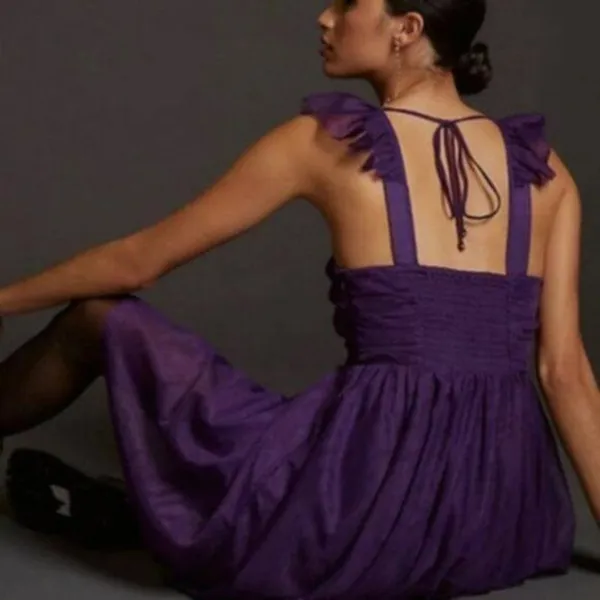 Anthropologie Maeve Ruffled Tulle Mini Dress deep Purple L - Image 3