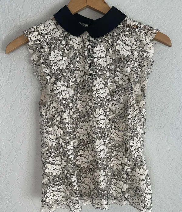 Zara Lace Sleeveless Top Sheer Peter Pan Collar Victorian Romantic Modest - Image 3