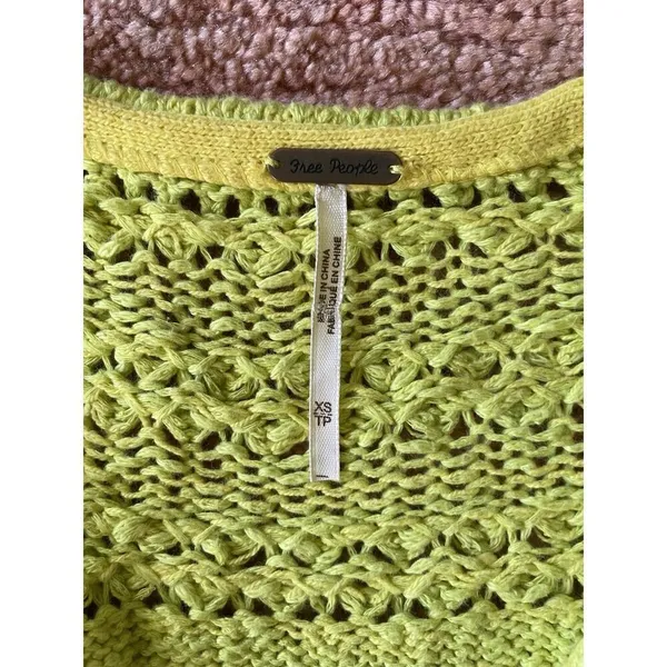 Free People Neon Green Open Knit Sweater XS Long Sleeve V Neck Cotton Blend - Image 2