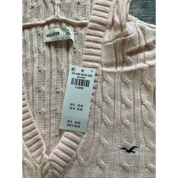 NWT! Hollister Pink Cable Knit V Neck Hoodie Sweater XL - Image 4