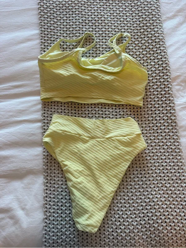 Aerie Textured High Waisted Bikini Set in Yellow - Image 4