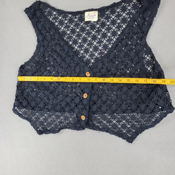 Awesome Wear Crochet Vest Womens M Black VTG Y2K 90s Boho Cropped Open Knit USA - Image 5