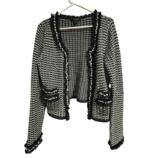 White House Black Market black and white tweed jacket with faux pearl trim‎ - Image 2