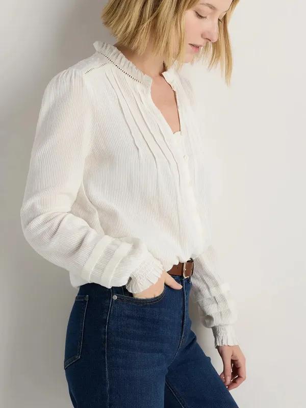 Quince Organic Textured Cotton Peasant Blouse in White size Large $158 - Image 3