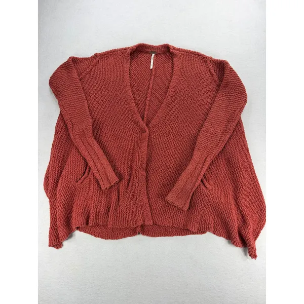 Free People Terracotta Rust Orange Popcorn Knit Open Front Cardigan Sweater XS - Image 3
