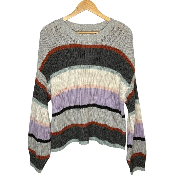 American Eagle Striped Sweater‎ Womens Medium Gray Multi Colorblock Knit Boho - Image 2