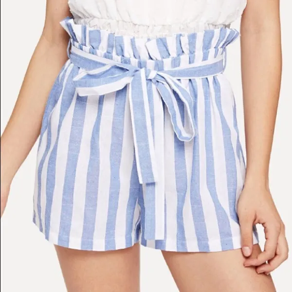 ✨ Self Belted Frill Waist Stripe Shorts✨ Blue Size L - Image 2