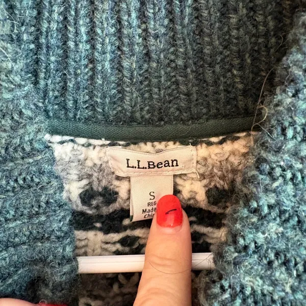 LL Bean Full Zip Cardigan Womens‎ Small Green Fair Isle Lambswool Sweater 503420 - Image 4