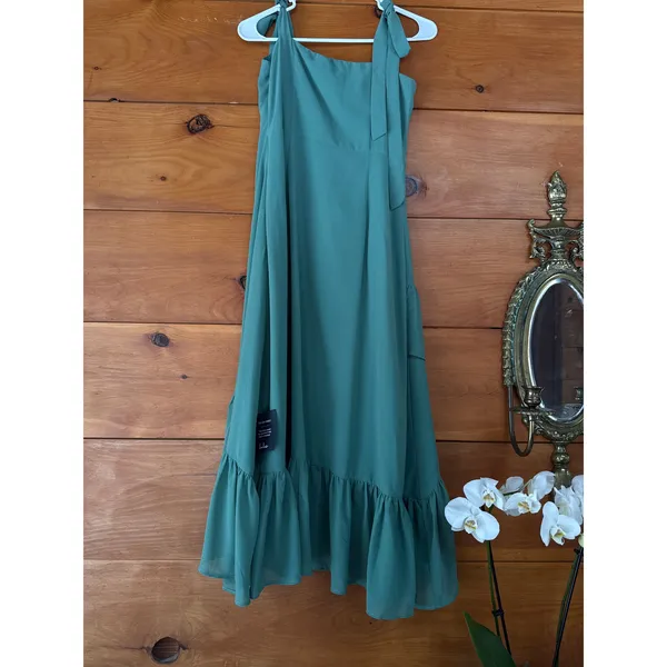 Lulus Tamryn Dark Sage Asymmetrical Ruffled Midi Dress Dance Bridesmaid Medium - Image 6
