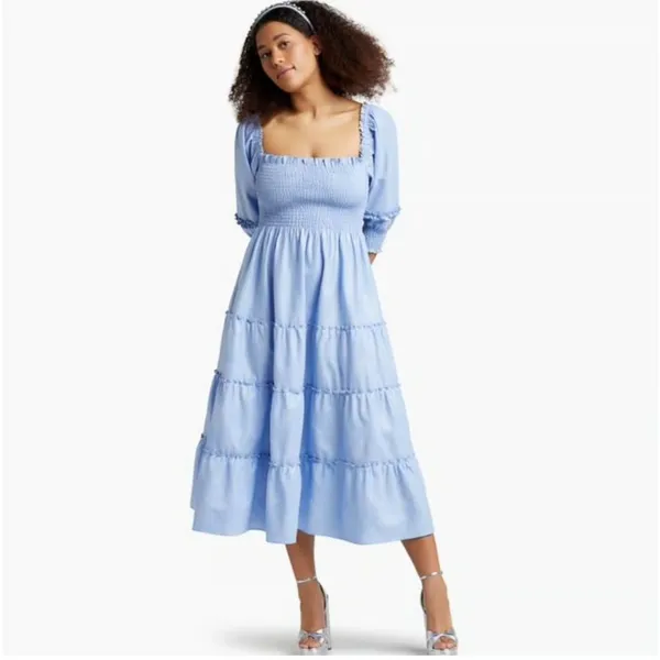 NWT Hill House Nesli Nap Dress in Light Blue Glitter Check Smocked Midi S - Image 5