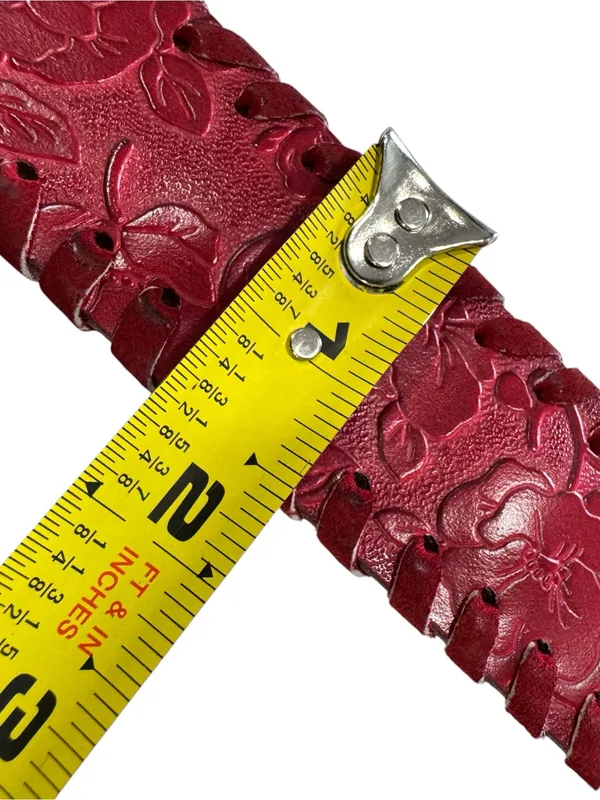 Red Floral Embossed Leather Belt Whipstitch Edges Silver Buckle Wide - Image 9