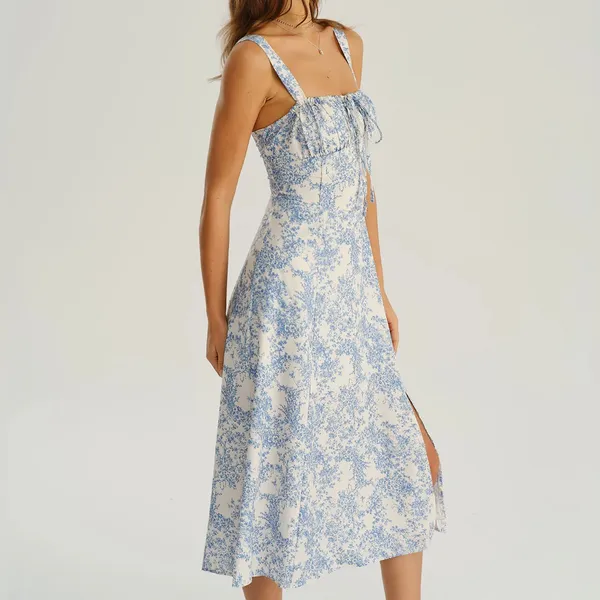 Rihoas Blue Floral Ruched Slip Midi Dress - Image 5