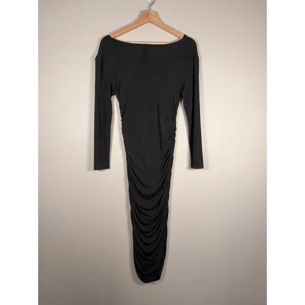 Norma Kamali Gray Ruched Long Sleeve Scoop Neck Raw hem Bodycon Midi‎ Dress XS - Image 5