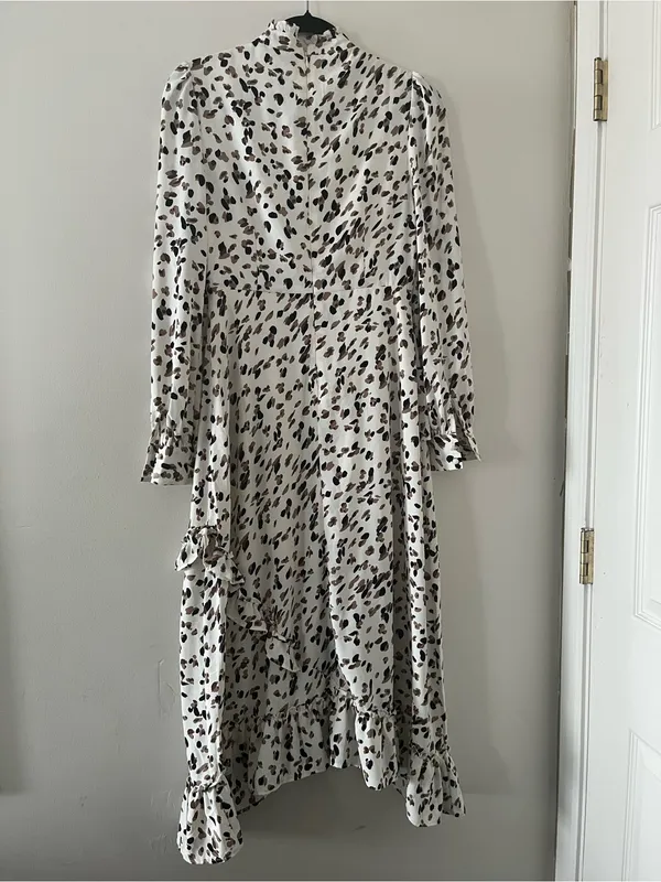 Nasty Gal White Brown Animal Print Midi Dress 4 Ruffle Hem Modest Going Out - Image 6
