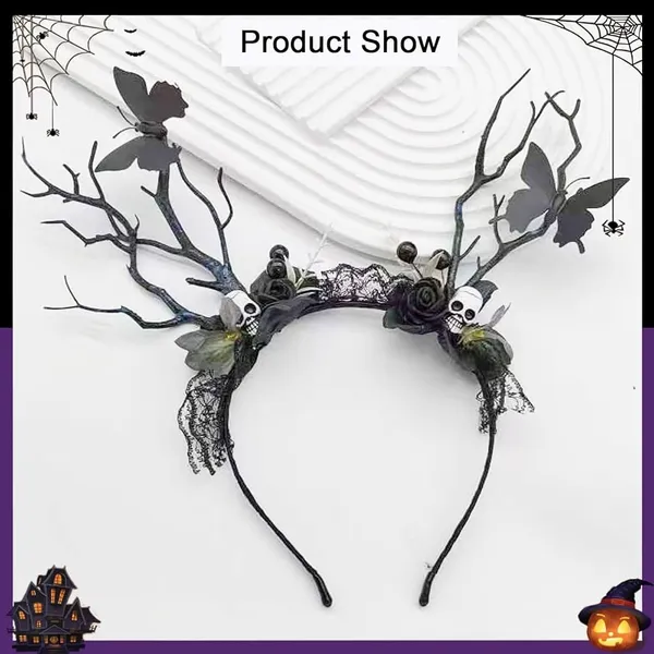 Black Gothic Headband with Skulls and Butterflies - Image 3