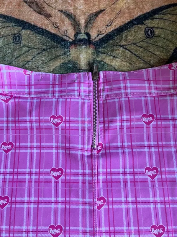 Dolls Kill Pink Plaid A-Line Mini Skirt with Heart Print & Belt - Image 7