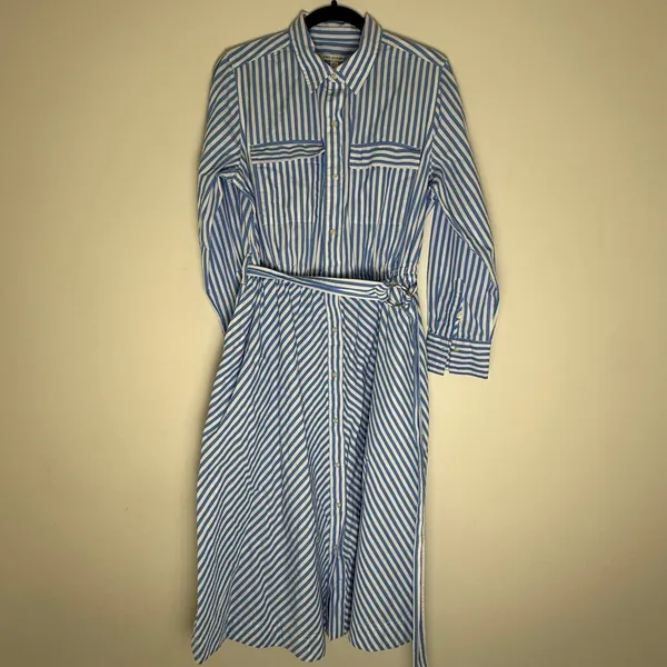 Free Assembly Blue White Striped Cotton Midi Shirt Dress D-Ring Belt L 12-14 - Image 2