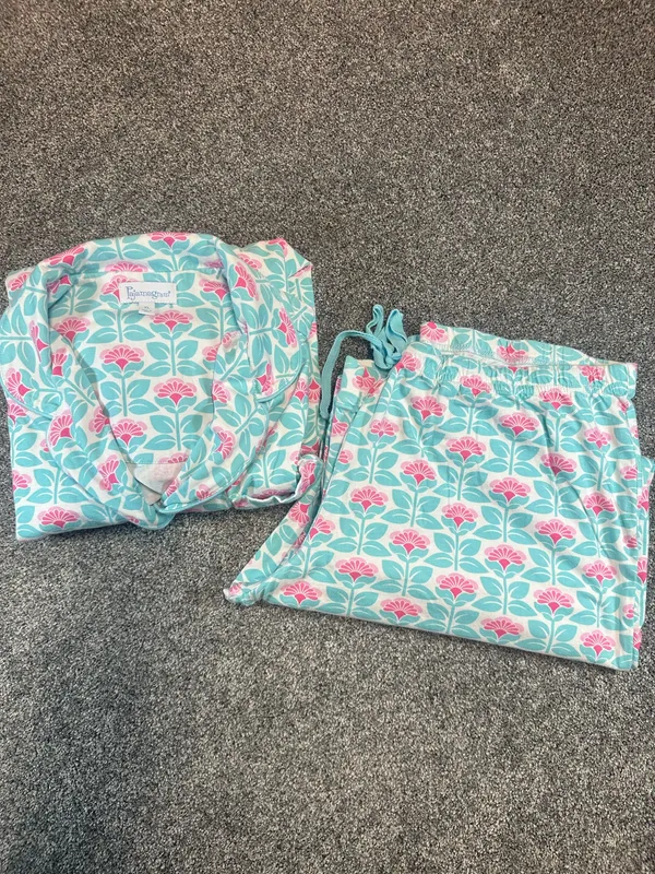 PajamaGram Floral Cotton Pajama Set Aqua Pink Women’s XL - Image 9