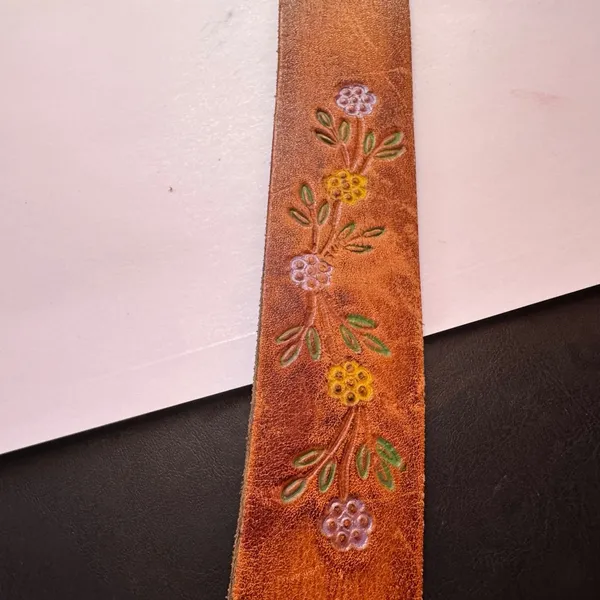 70s Vtg sz 34 Painted Mushroom Butterfly Floral Tooled Leather Belt W/Zee Buckle - Image 8