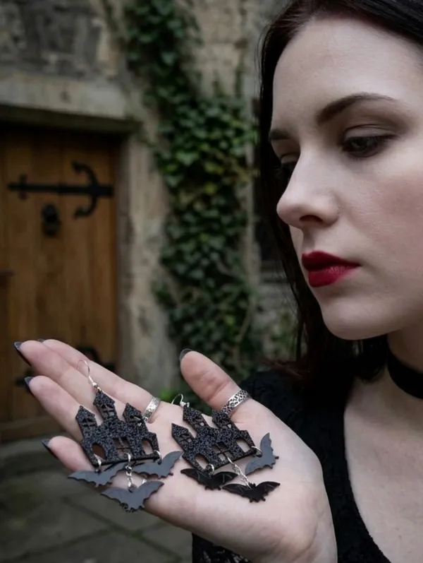 Black Gothic Halloween Theme Acrylic Drop &‎ Dangle Earrings Bat Haunted Castle - Image 3