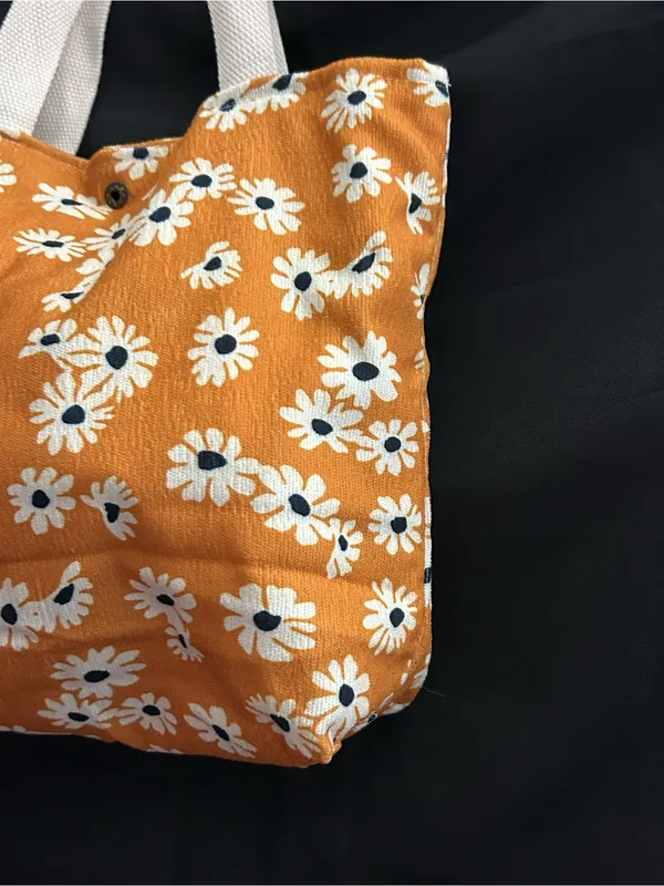 Daisy Print Orange Floral Canvas Tote Bag with White Handles - Image 8