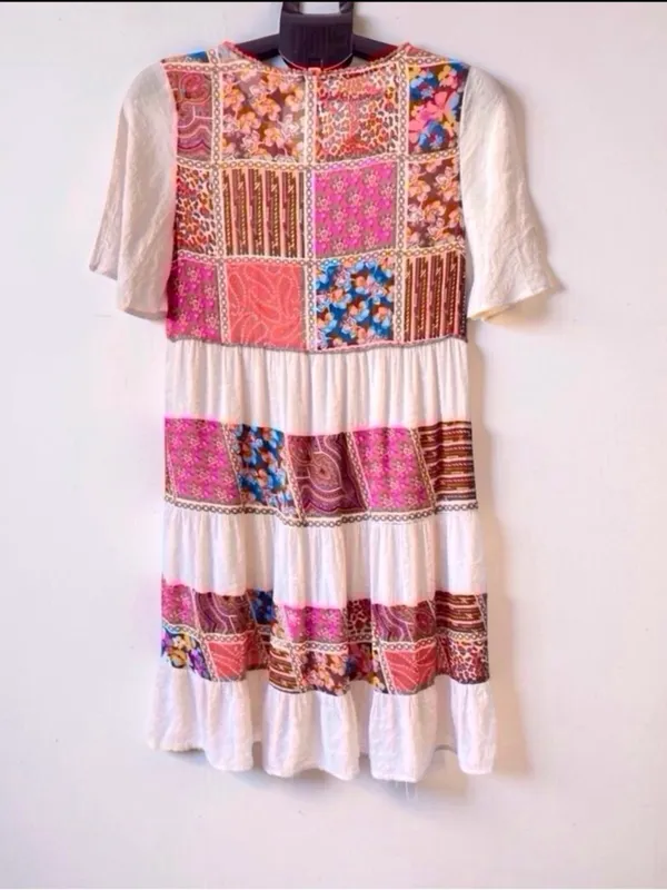 ODDI Patchwork Tiered Mini Dress Flutter Sleeve summer boho Size S Red - Image 3