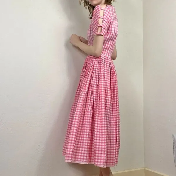 Vintage Pink & White Plaid Lattice Sleeve A Line Midi Dress Size S - Image 3