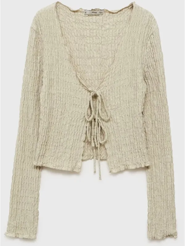 Mango Cotton Textured Cardigan with Bows NWT Light/Pastel Grey Large - Image 4