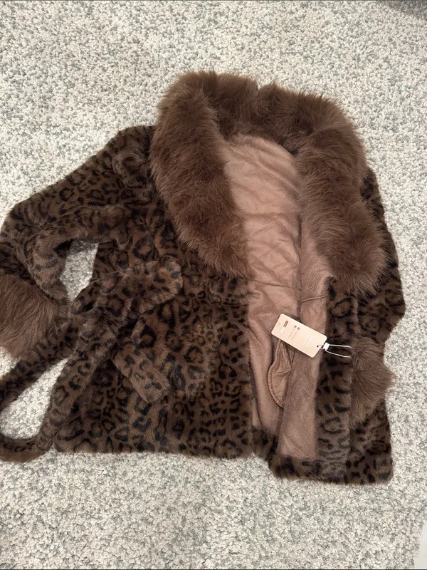 Brown Faux Fur Leopard-Print Coat with Belt - Image 3