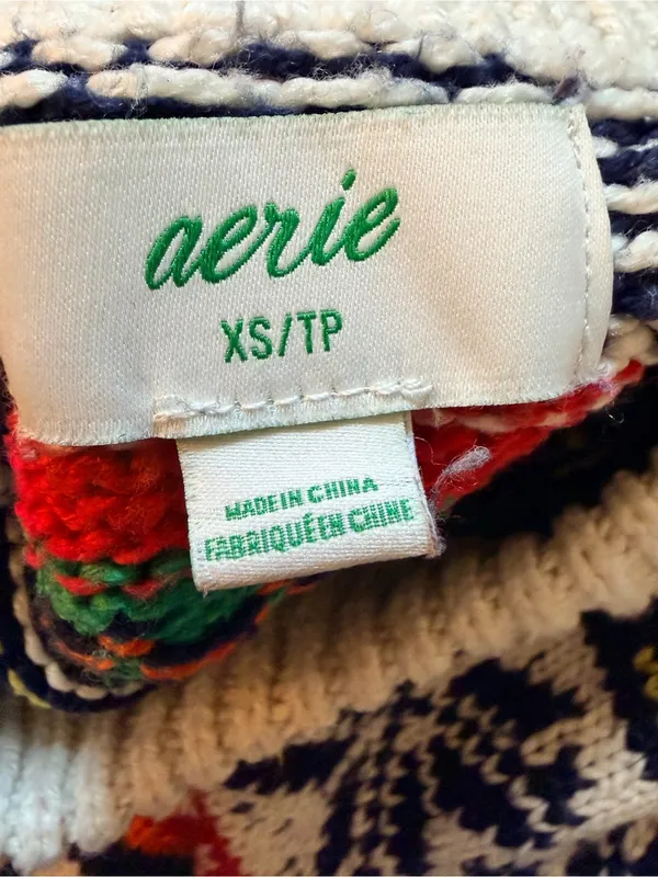 aerie Cream Fair Isle Crewneck Sweater with Navy, Red and Green Stripes - Image 3