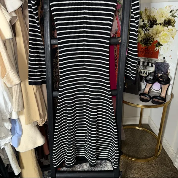 Club Monaco Black And White Striped Ribbed Midi Sweater Dress With Bell Sleeves - Image 13