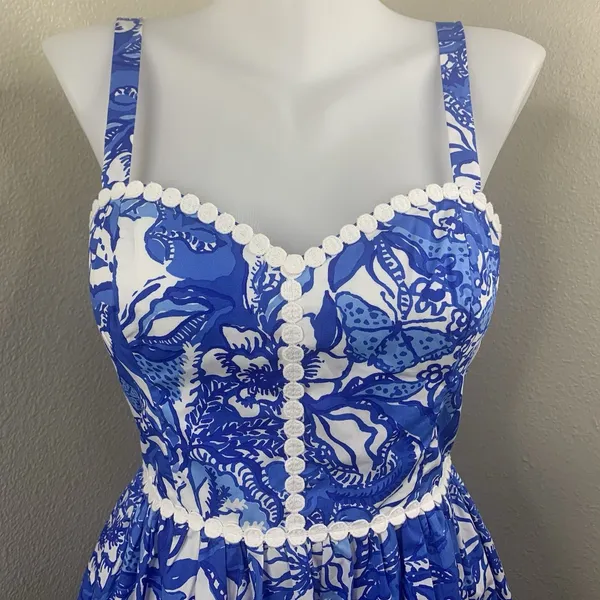 Lilly Pulitzer Haylan Cotton Dress Blue Tang Flocking Fabulous Fit Flare Sz 0 - Image 3