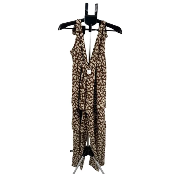 NWT Urban Outfitters Tie Straps Brown Floral Maxi Romper Boho‎ Cottagecore XS - Image 2