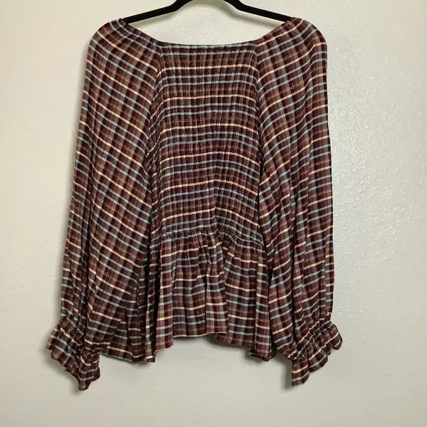 Burgundy Multicolor Plaid Tartan Country Cowgirl Smocked Peasant‎ Blouse 18/20W - Image 4