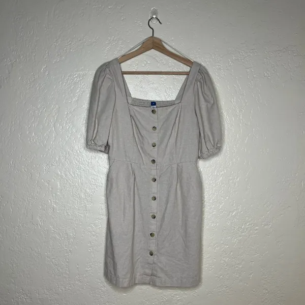 Old Navy Puff Sleeve Linen Blend Mini Dress Beige Neutral Button Front Size M‎ - Image 2