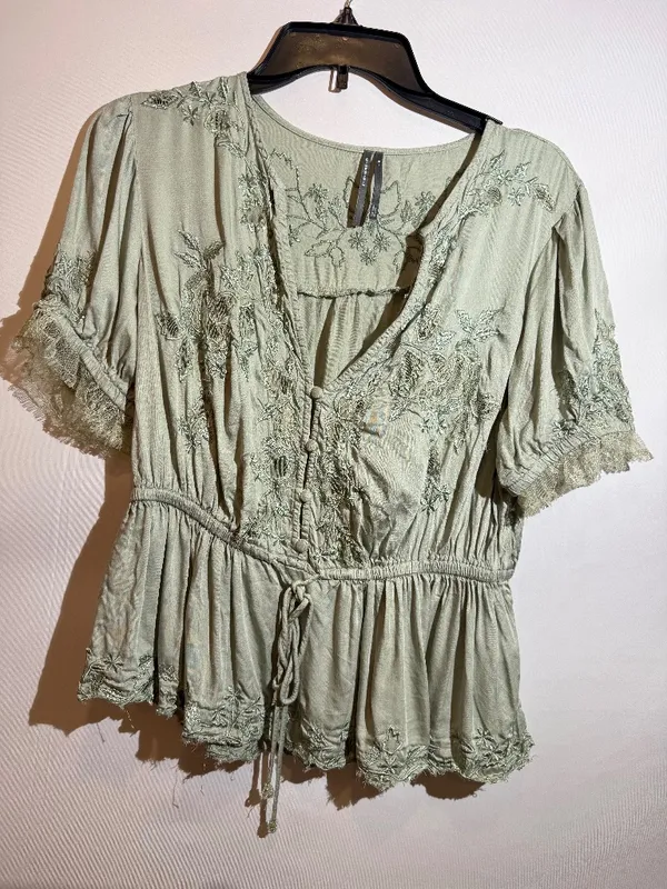 Anthropologie Blue Floral Embroidered Lace V Neck Peplum Blouse Size M - Image 3