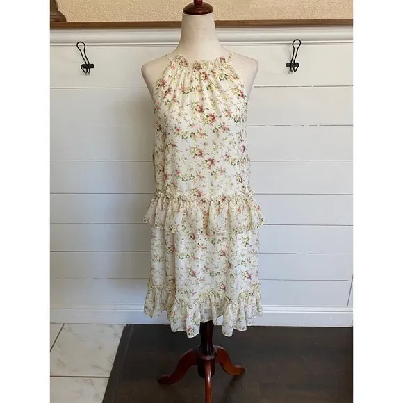 NSR‎ Floral Halter Ruffle Tiered Mini Dress Cream Pink XS CD9975 Made in USA - Image 3