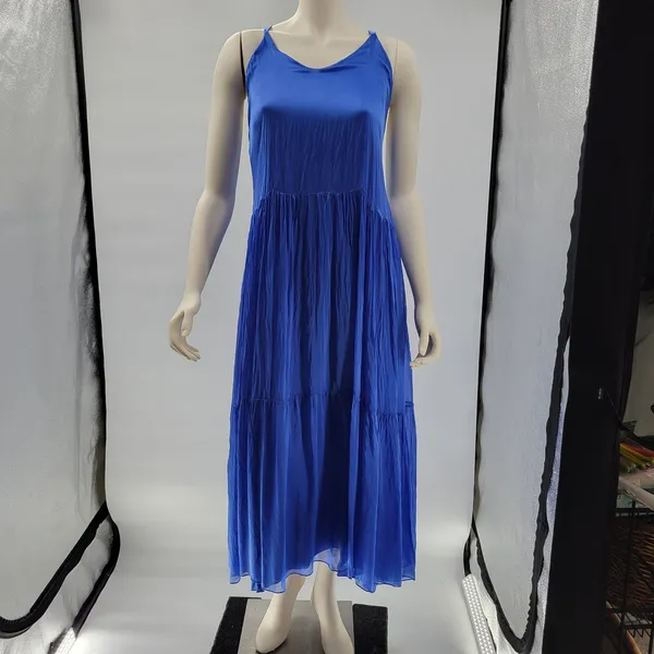 FRNCH Jailys Dress Womens M Blue Silk Viscose Criss Cross Open Back Tiered - Image 11