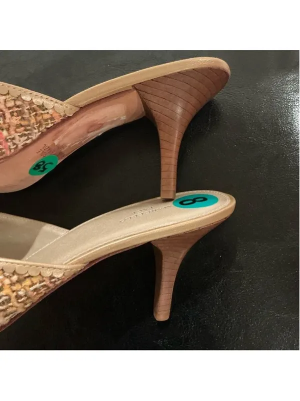 Marcello Paci Shoes Sz 8 Slides Kitten Heels Tweed Fabric Orange/Tan - Image 3