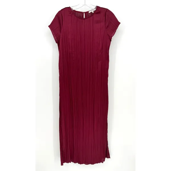Madewell Short Sleeve Slip Midi Dress Women S Burgundy Plisse Minimalist Holiday - Image 6