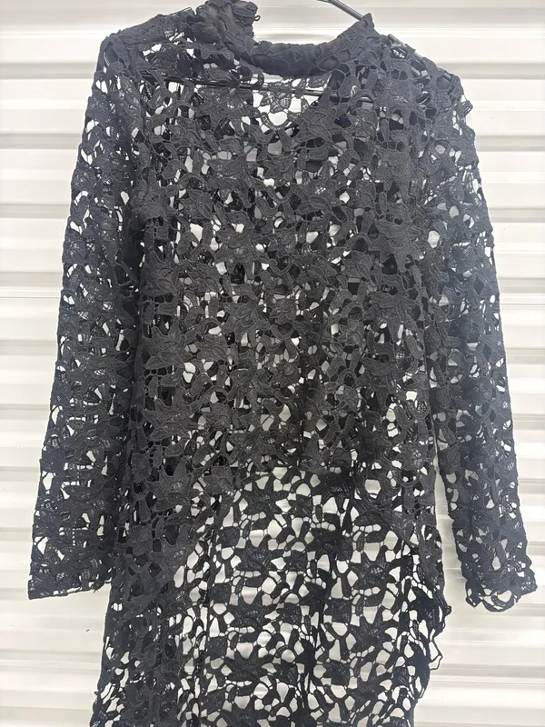 Pretty Garden Womens Black Lace Sheer Layered Round Neck Long Sleeve Midi S - Image 8