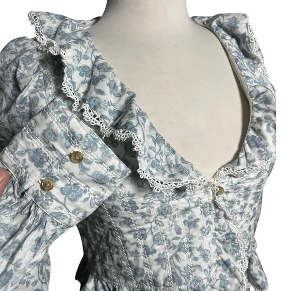SEZANE Women’s Alexiana Blouse Blue Floral Print Quilted Long Sleeve - Image 5