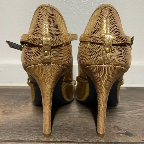 Rebecca Minkoff Penny Heels Mary Janes Scalloped Croc Embossed Gold 6.5 - Image 4