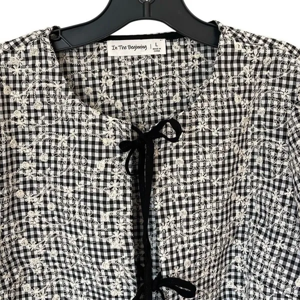 In The Beginning Womens Bria Tie Front Gingham Embroidered Blouse Black Size Lar - Image 4