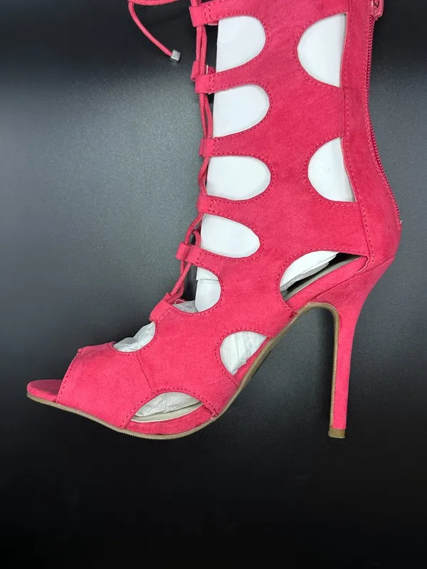 Wild Diva Hot Pink Suede Cutout Lace Up Stiletto Heel Booties Barbiecore Glam - Image 4