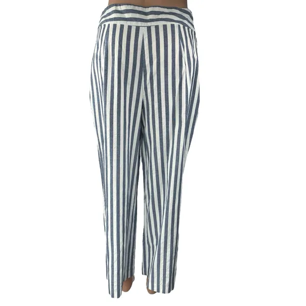 Zara Blue Striped High Waisted Pleated Straight Tapered Ankle Trousers Pants M - Image 3