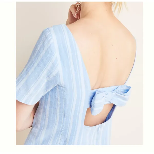 Anthropologie Bow Detail Cape May Linen Cotton Blue Stripe Mini Dress Size 8 - Image 3