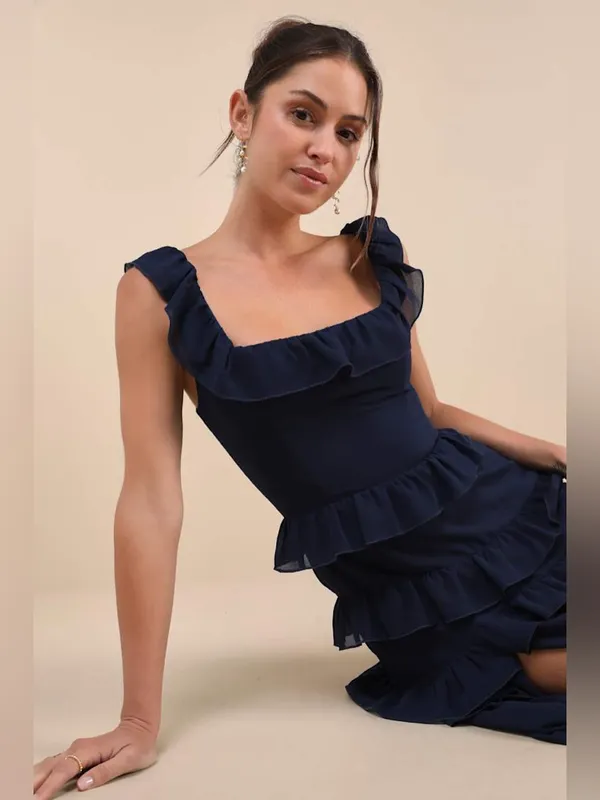 LULU’S Compelling Romantic Dark Blue Ruffled Tiered Maxi Dress - Image 2
