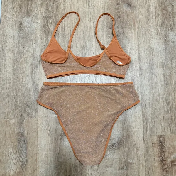 AERIE | Orange Metallic Shine Sparkle 90s High Waisted Cut Cheeky Bikini Set, XL - Image 4