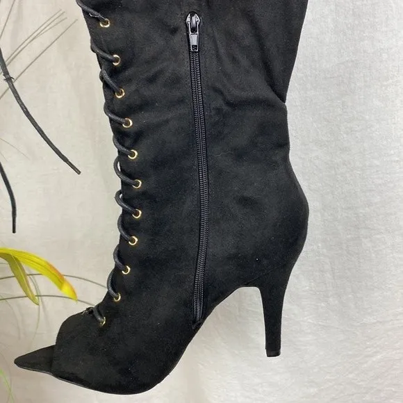 FTF Nadia Black Faux Suede Lace Up Thigh High Heel Boots 11 Wide - Image 4